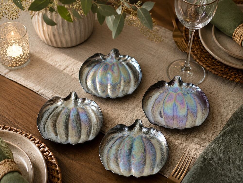 4 Turkish Glass Iridescent Pumpkin Dessert Plates Appetizer Fall Thanksgiving